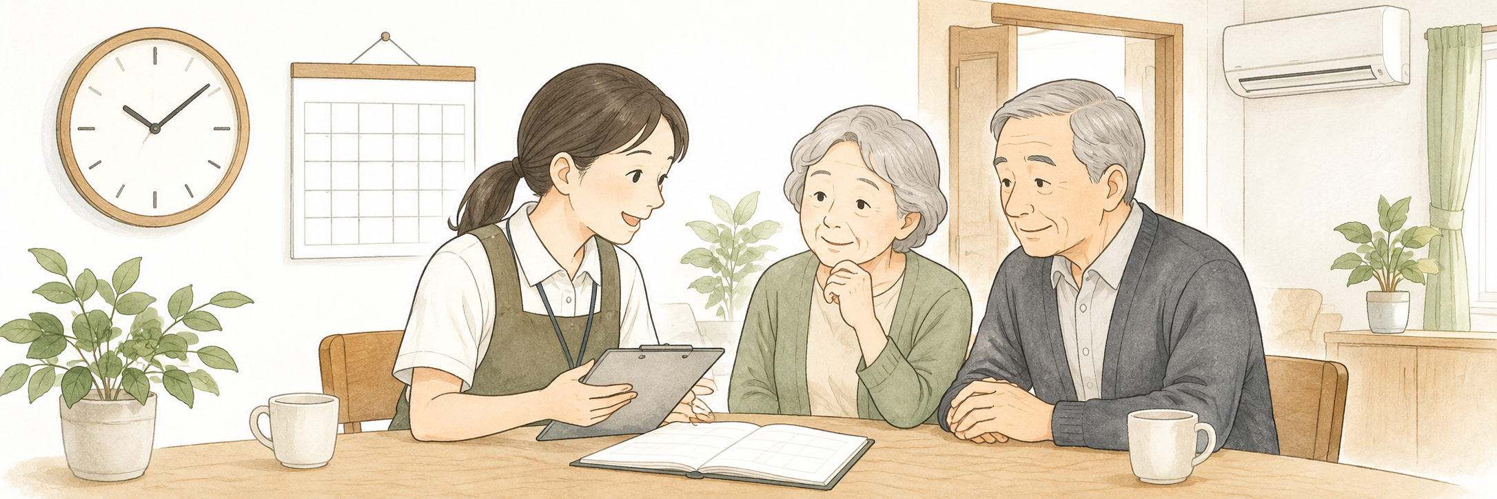 時計と予定表で訪問当日の時間を考える説明図